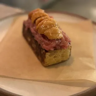 Bluefin Tuna, topped with Uni on top of Chawanmushi toast