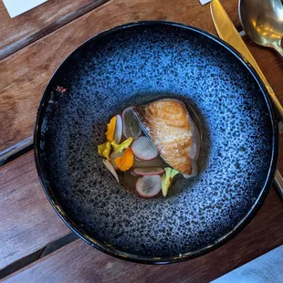 Wild Cobia | Sugar Kelp Shoyu, Radish, Fermented Cucumber, Kombu Dashi