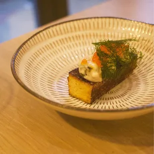 Chawanmushi toast, preserved Maine mussels, crosnes, trout roe, mussel emulsion, seaweed