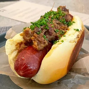 44 Farms all-beef hot dog with smoked bacon XO &amp;
 smoked mustard