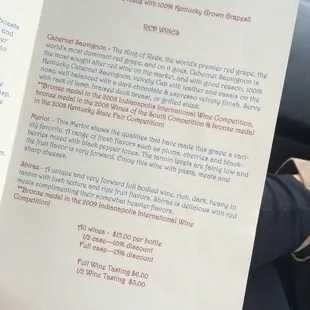 a menu for a wine tasting