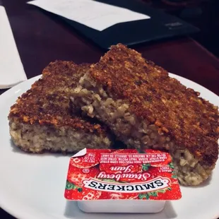 Goetta on steroids. About the size of a brownie. I've never had Goetta this thick anywhere. I used the jelly for perspective.