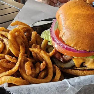 Mountain Man Burger. Extra for curly fries.