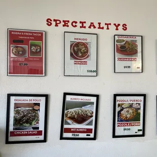 menu items posted on wall