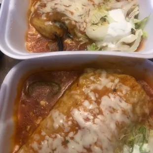 A wet asada burrito no beans light rice a ton of salsa inside and a Chile