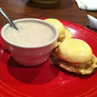 Crab cake with poached egg and hollandaise sauce.