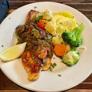 Catfish Ponchatrain with a side of veggies. This was the Tuesday Lunch Special on 8/3/21