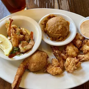 Shrimp Trinity (shrimp three ways) with a side of Sweet Potato Mash.