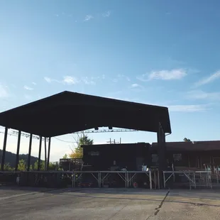 a stage set up in a parking lot