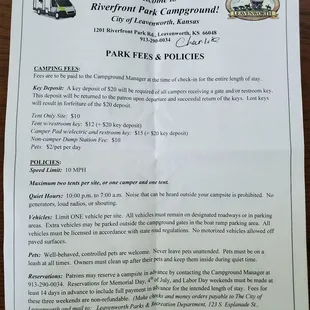 Park fees and policies, page 1