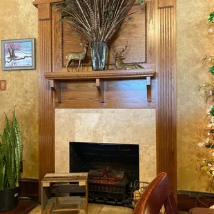 the fireplace and dining room