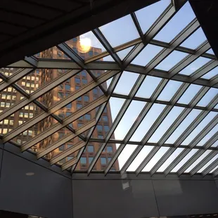 Stepping out of the glass elevator.