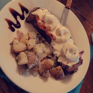 Surf and turf with red potatos