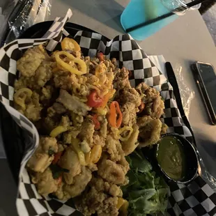 a plate of food and a drink