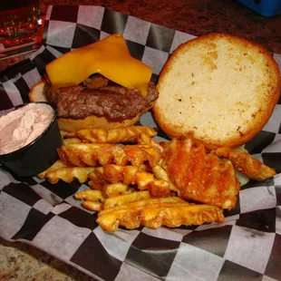 Burger &amp; waffle fries.