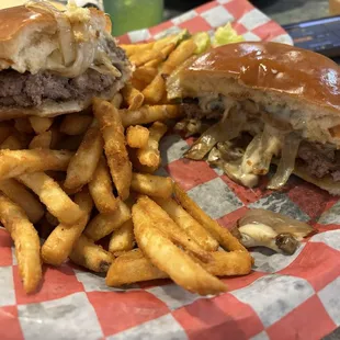 Hamburger with Swiss cheese and sautéed onions and mushrooms