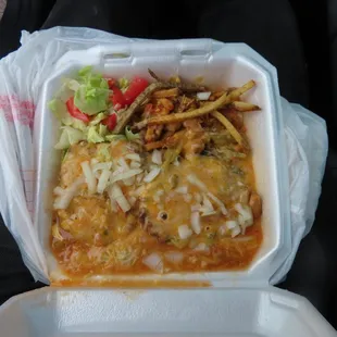 Double slopper, smothered fries, token salad, add onions