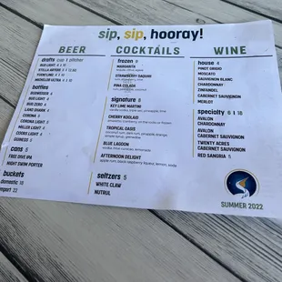 Drinks menu
