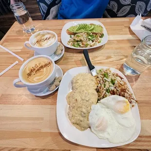 Biscuits and Gravy + Avocado Toast And Gingerbread seasonal Latte or coarse!