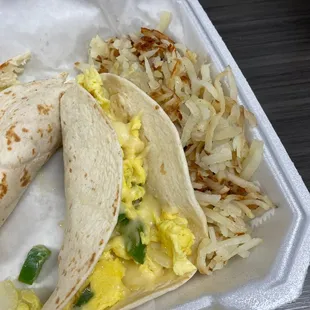 Breakfast taco and hasbrowns