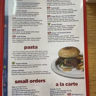 Pasta and burger menu