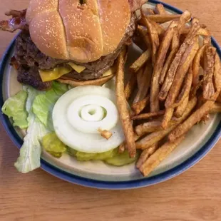 The Farina Burger and fries. 1 1/2 lb of meat!