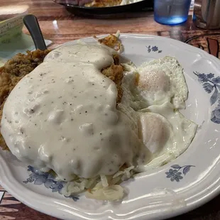 Chicken fried steak and eggs