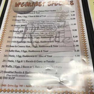 the menu for breakfast specials