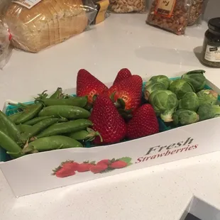 Strawberries, peas, Brussels sprouts 3 pack $9