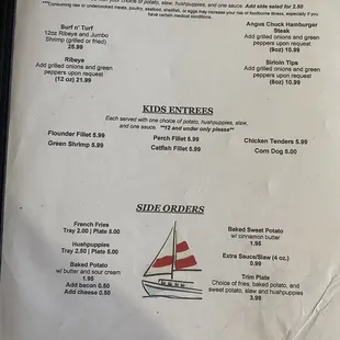 Steak, kids, and side orders menu