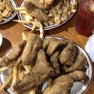 Catfish Platter (bottom) and Riverside Platter (top)