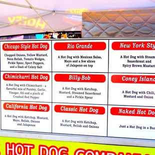a menu for a hot dog shop