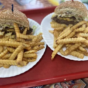 1 Super burger cut n half an 1 order of fries  was enough for two people to share. It was filling