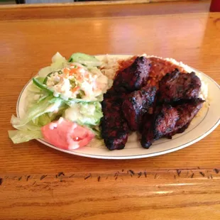 Steak tips with Greek salad &amp; rice