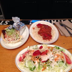 Gyro, rice with sauce &amp; Greek salad