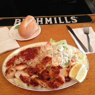 Broiled Scallops, rice with sauce &amp; Greek salad