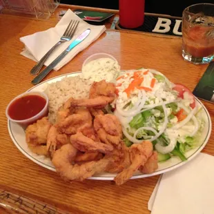 Fried Shrimp with rice &amp; Greek salad