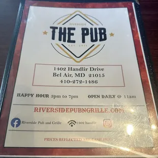 The Pub Menu