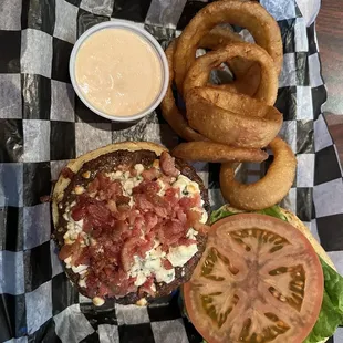 Black and Blue burger with Onion Rings