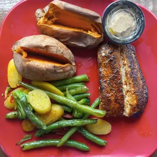 Blackened Mahi Mahi with sweet potatoes and a vegetable medly.  Very, very good!!!