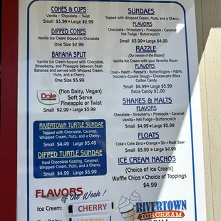 Ice cream menu
