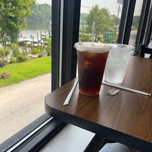 a cold beverage and a glass of iced tea