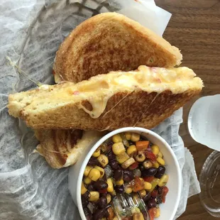 grilled pimento cheese and corn and black bean salad