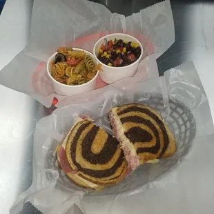 Reuben sandwich w/ Pasta &amp; Black Bean and Corn Salad