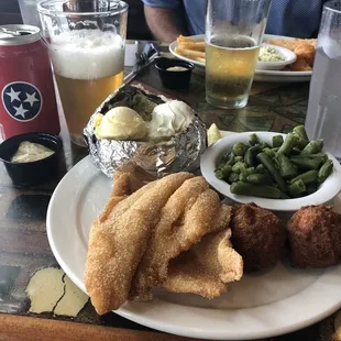 Catfish, green beans, and baked potato