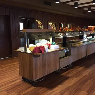 a buffet with a variety of food items