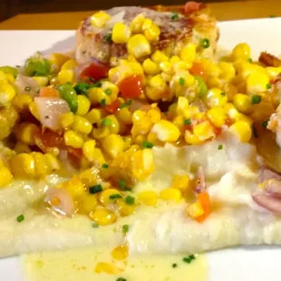 Fresh corn and a smattering of limas are the perfect touch for the crab cakes.