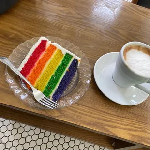 Cappuccino and one slice Rainbow Cake