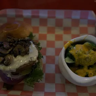 Veggie Burger with mushrooms and Broccoli and Beer Cheesebroccoli