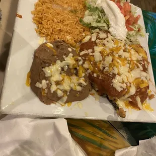 Rice, beans and Enchiladas Poblanas
